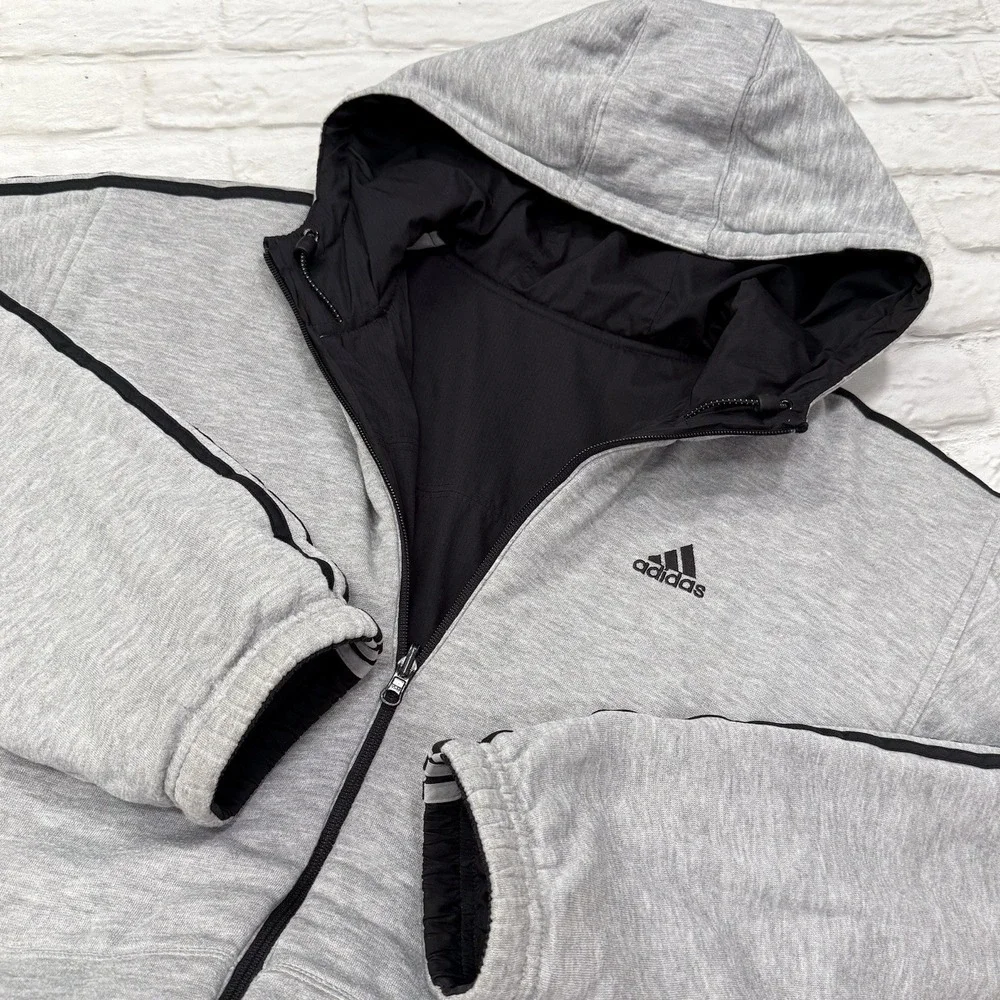 Vtg Adidas Men's M/L Black Gray Reversible Jacket 3 Stripe Logo Hooded Coat 90's